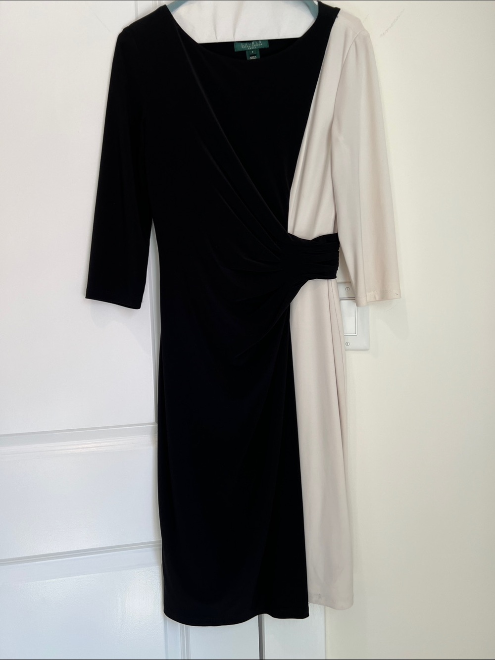 Ralph Lauren Black and Cream Two-Tone Wrap-Detail Sheath Dress